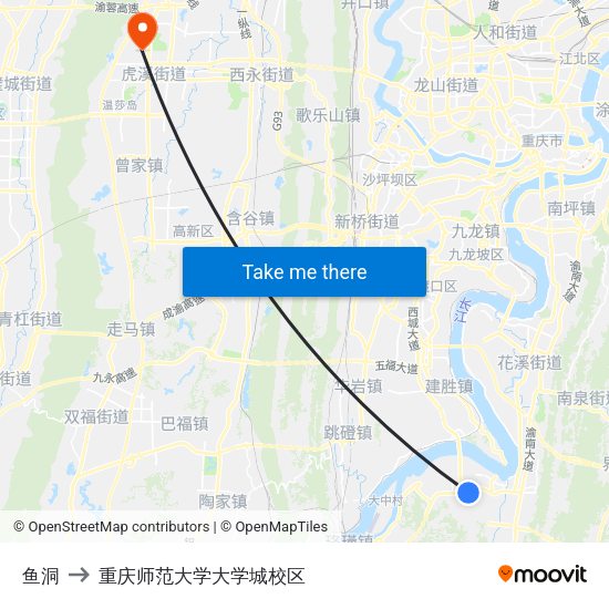 鱼洞 to 重庆师范大学大学城校区 map