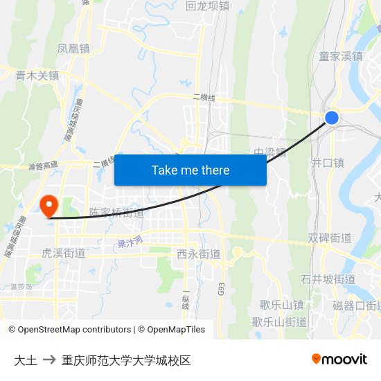 大土 to 重庆师范大学大学城校区 map