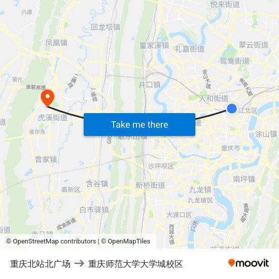 重庆北站北广场 to 重庆师范大学大学城校区 map