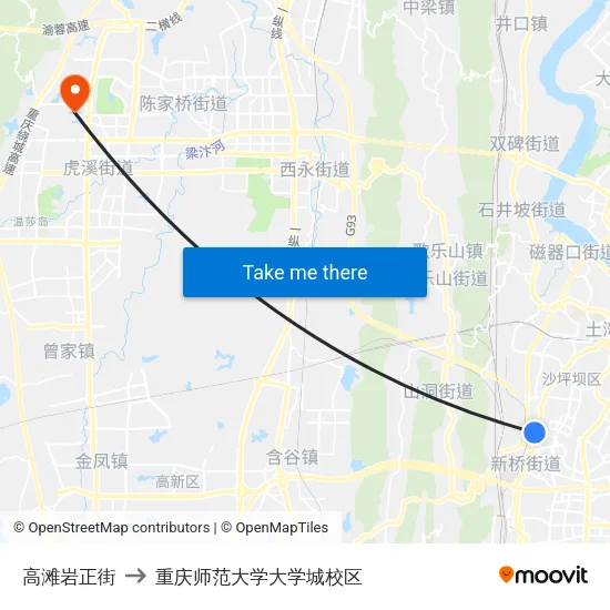 高滩岩正街 to 重庆师范大学大学城校区 map