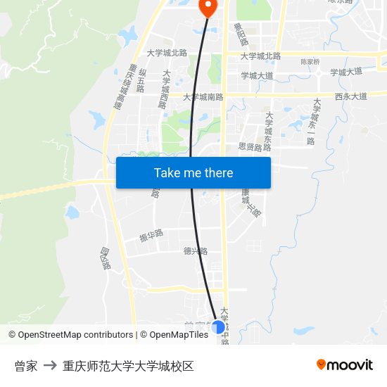 曾家 to 重庆师范大学大学城校区 map