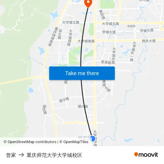 曾家 to 重庆师范大学大学城校区 map