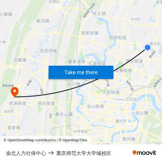 渝北人力社保中心 to 重庆师范大学大学城校区 map