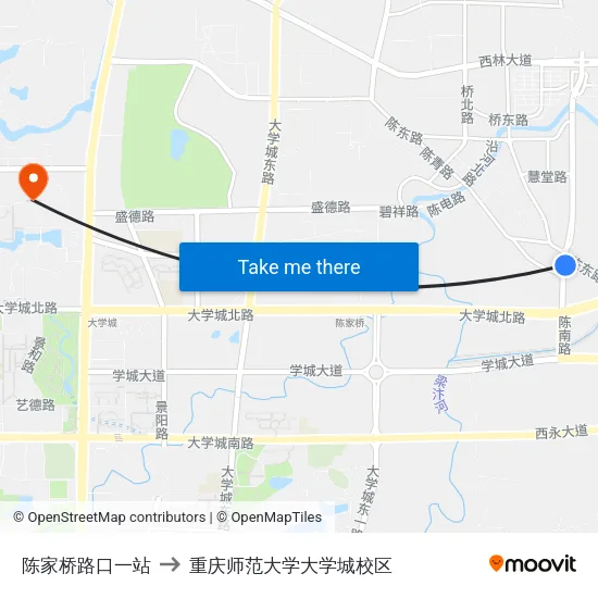 陈家桥路口一站 to 重庆师范大学大学城校区 map