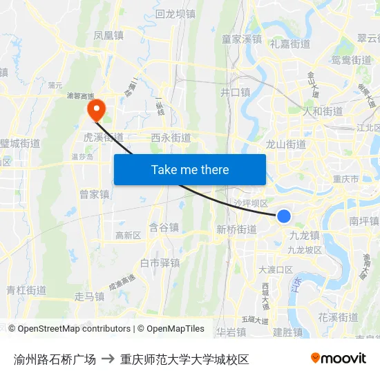 渝州路石桥广场 to 重庆师范大学大学城校区 map