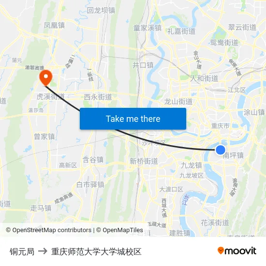 铜元局 to 重庆师范大学大学城校区 map