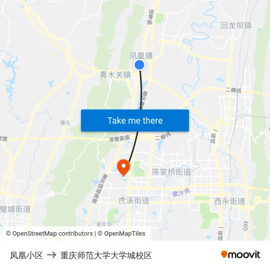 凤凰小区 to 重庆师范大学大学城校区 map