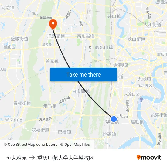 恒大雅苑 to 重庆师范大学大学城校区 map