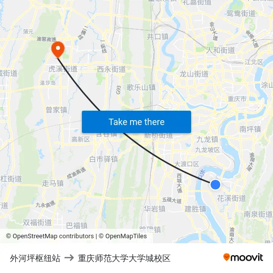 外河坪枢纽站 to 重庆师范大学大学城校区 map
