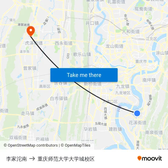 李家沱南 to 重庆师范大学大学城校区 map