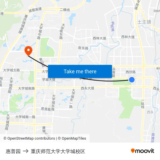 惠普园 to 重庆师范大学大学城校区 map