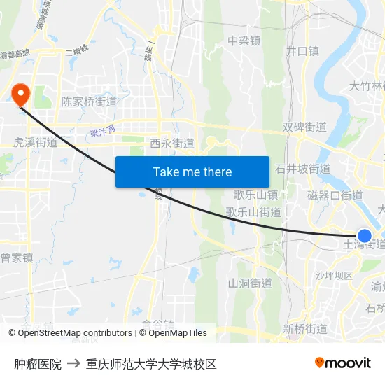 肿瘤医院 to 重庆师范大学大学城校区 map
