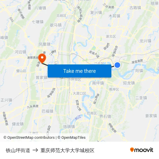 铁山坪街道 to 重庆师范大学大学城校区 map