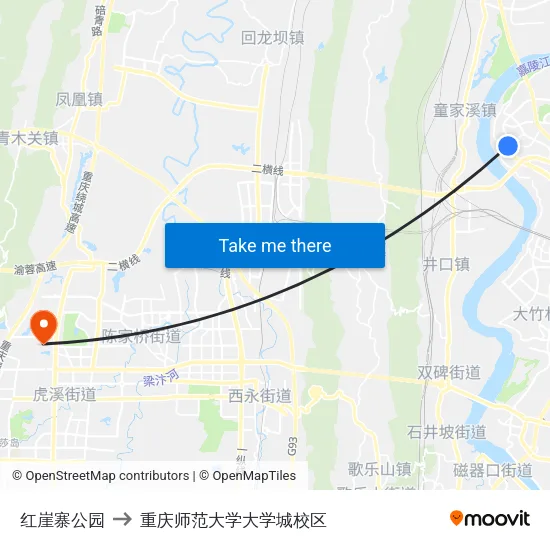 红崖寨公园 to 重庆师范大学大学城校区 map