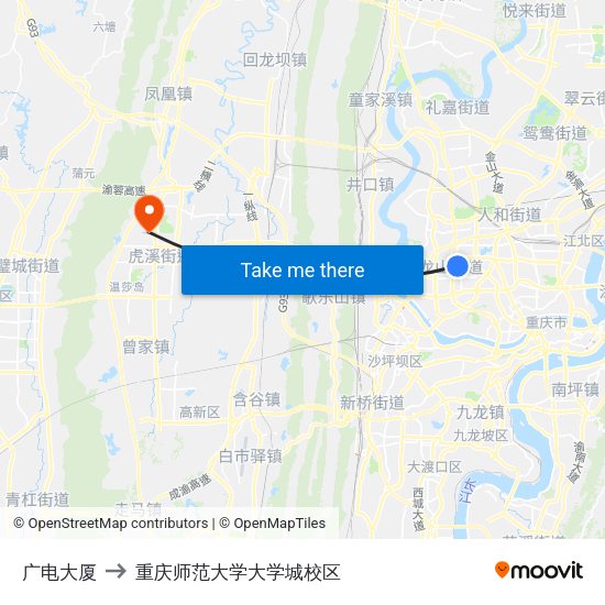 广电大厦 to 重庆师范大学大学城校区 map