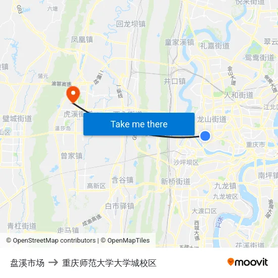 盘溪市场 to 重庆师范大学大学城校区 map