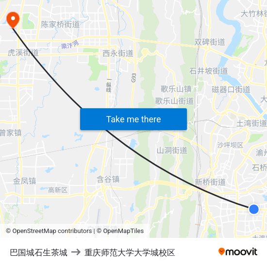 巴国城石生茶城 to 重庆师范大学大学城校区 map