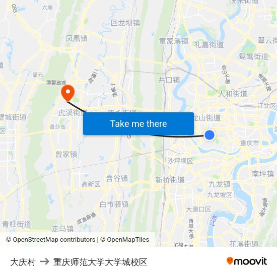 大庆村 to 重庆师范大学大学城校区 map
