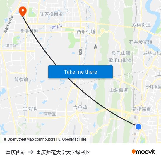 重庆西站 to 重庆师范大学大学城校区 map