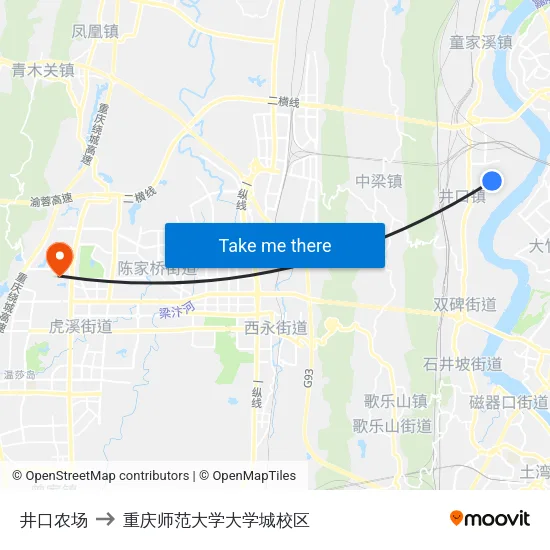 井口农场 to 重庆师范大学大学城校区 map