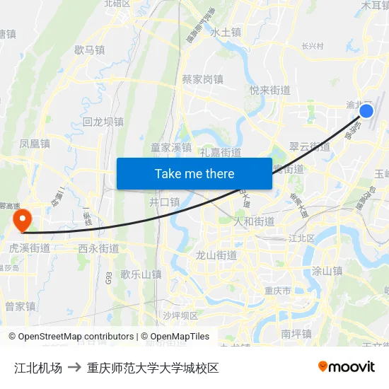 江北机场 to 重庆师范大学大学城校区 map