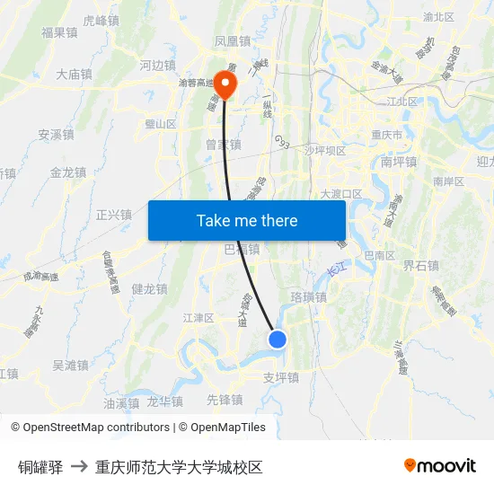 铜罐驿 to 重庆师范大学大学城校区 map