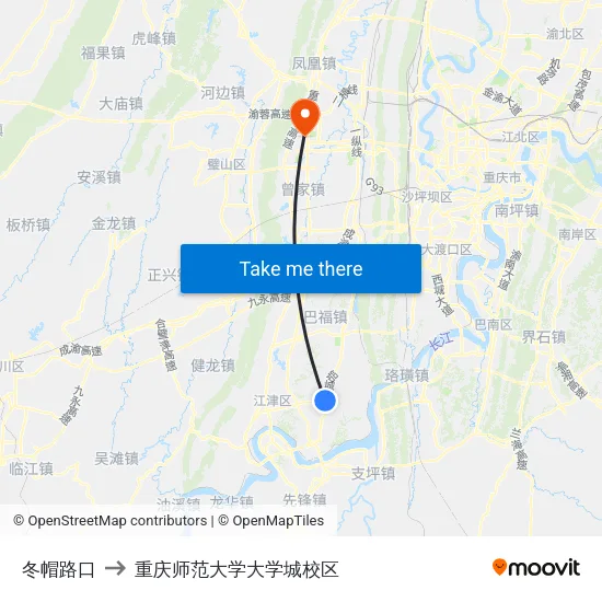 冬帽路口 to 重庆师范大学大学城校区 map