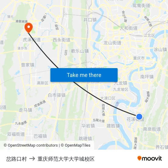 岔路口村 to 重庆师范大学大学城校区 map