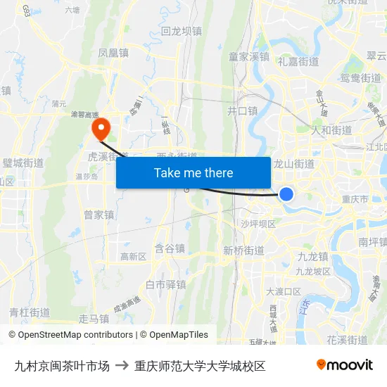 九村京闽茶叶市场 to 重庆师范大学大学城校区 map