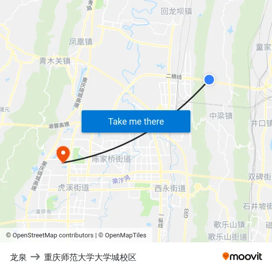龙泉 to 重庆师范大学大学城校区 map
