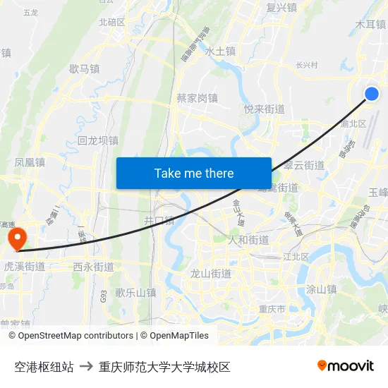 空港枢纽站 to 重庆师范大学大学城校区 map