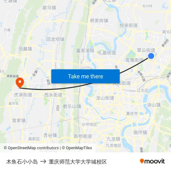 木鱼石小小岛 to 重庆师范大学大学城校区 map