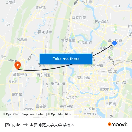 南山小区 to 重庆师范大学大学城校区 map