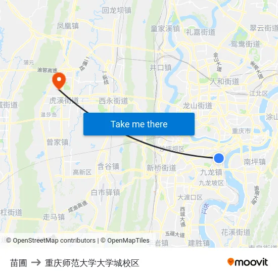 苗圃 to 重庆师范大学大学城校区 map