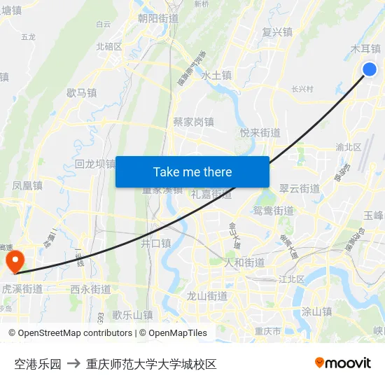 空港乐园 to 重庆师范大学大学城校区 map