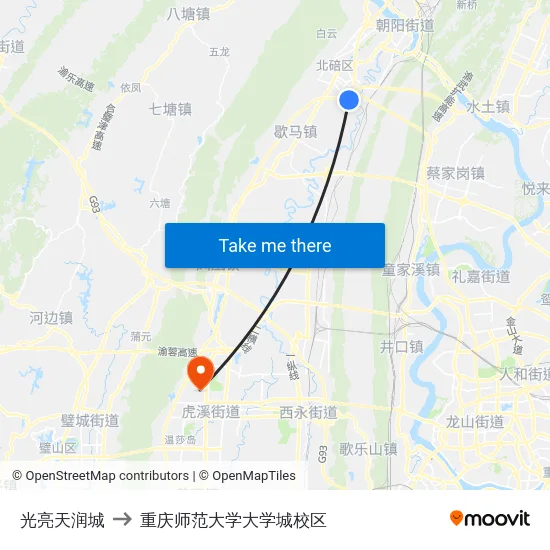 光亮天润城 to 重庆师范大学大学城校区 map