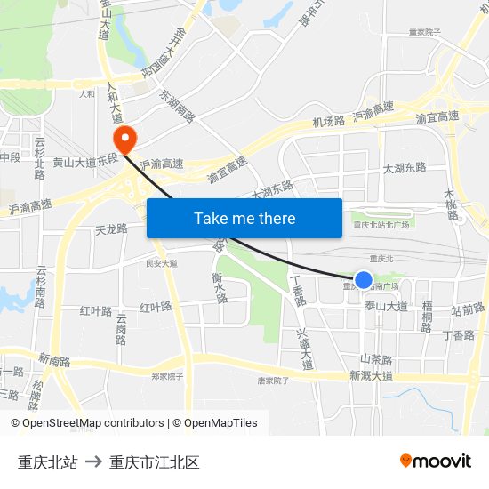 重庆北站 to 重庆市江北区 map