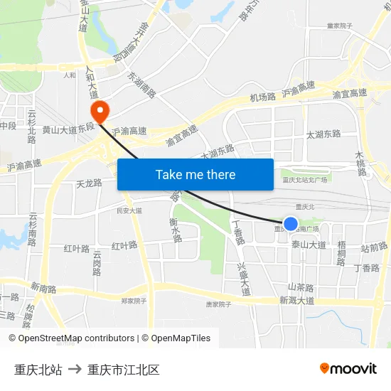 重庆北站 to 重庆市江北区 map