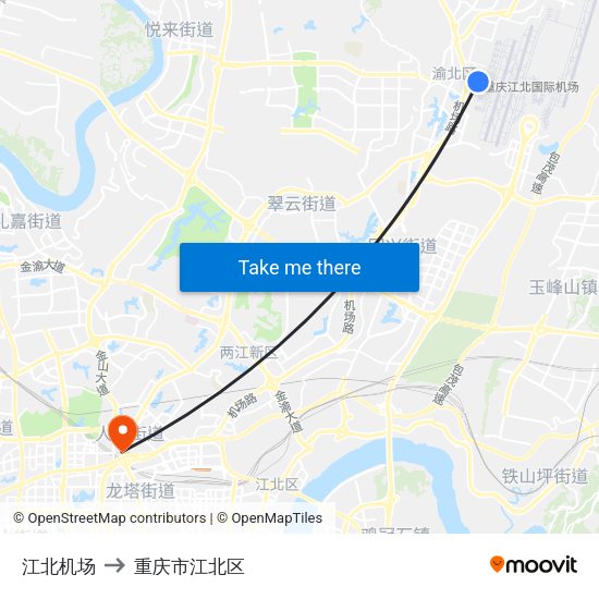 江北机场 to 重庆市江北区 map