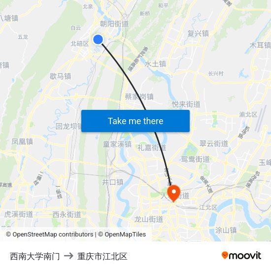 西南大学南门 to 重庆市江北区 map