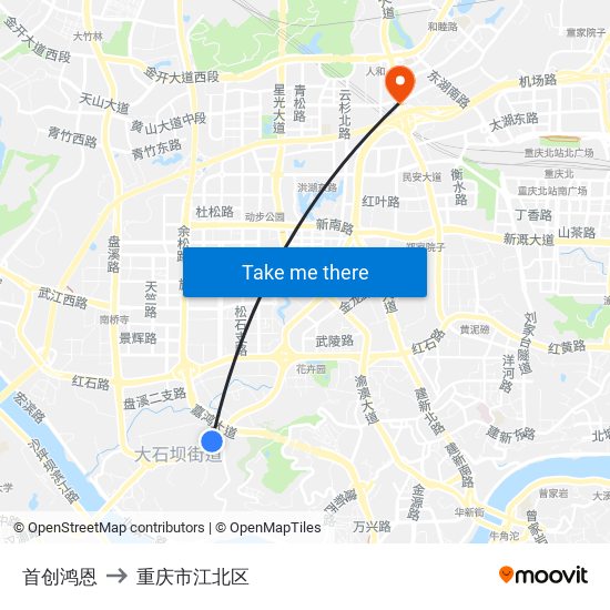 首创鸿恩 to 重庆市江北区 map