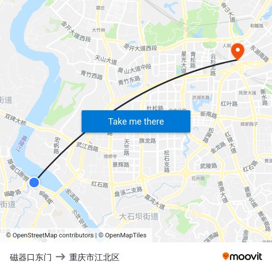磁器口东门 to 重庆市江北区 map