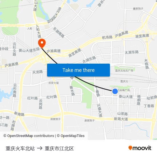 重庆火车北站 to 重庆市江北区 map