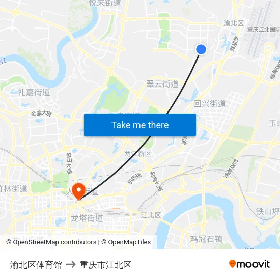 渝北区体育馆 to 重庆市江北区 map