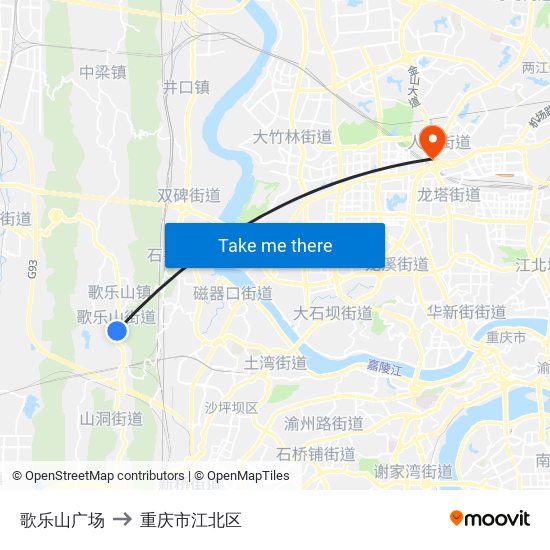 歌乐山广场 to 重庆市江北区 map