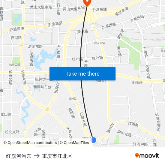 红旗河沟东 to 重庆市江北区 map