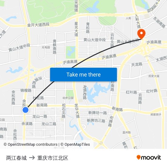 两江春城 to 重庆市江北区 map
