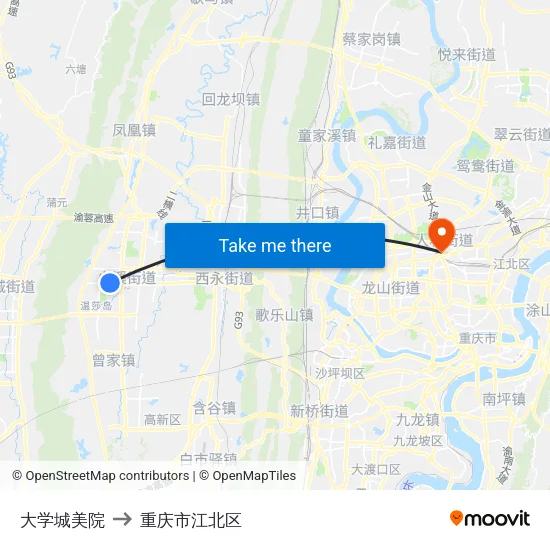 大学城美院 to 重庆市江北区 map