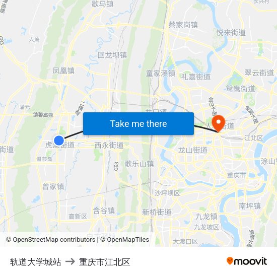 轨道大学城站 to 重庆市江北区 map