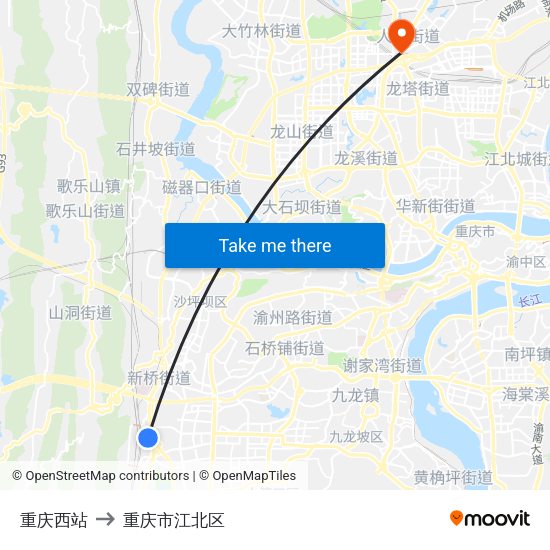 重庆西站 to 重庆市江北区 map